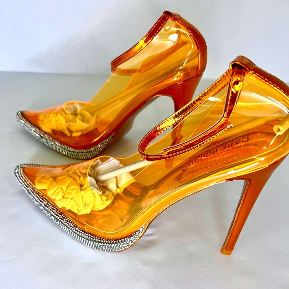 New Orange Rhinestone Studded Transparent Clear Heels Stiletto Metallic Pointed